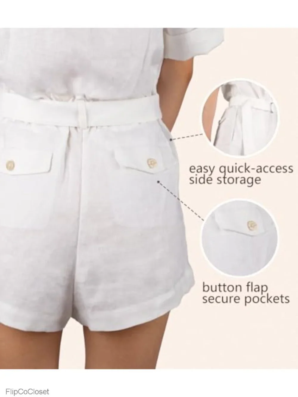 100% Linen Short Romper with Pockets & Belted Summer Jumpsuit